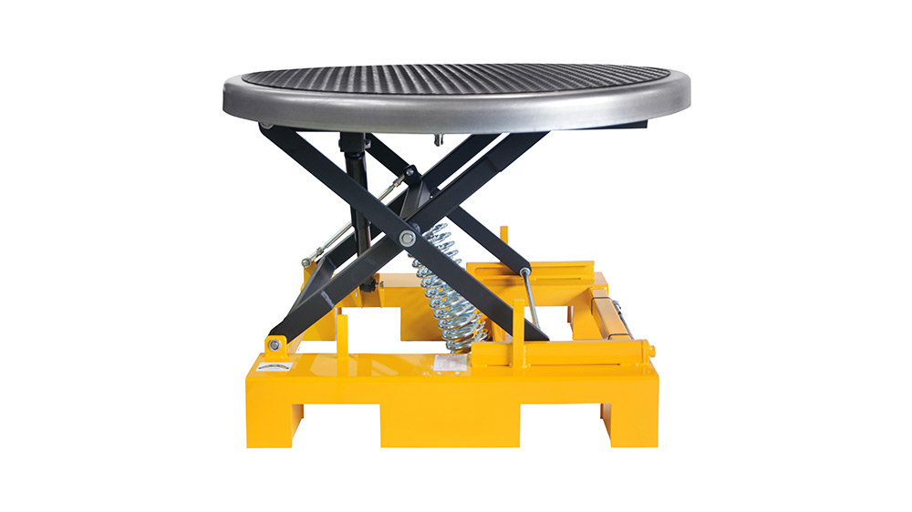 Yellow heavy-duty spring pallet elevator base with scissor lift mechanism