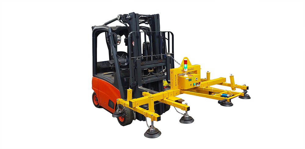 Victory ROVER forklift mounted sheet metal lifting with vacuum cup lifter performing steel plate lifting on site